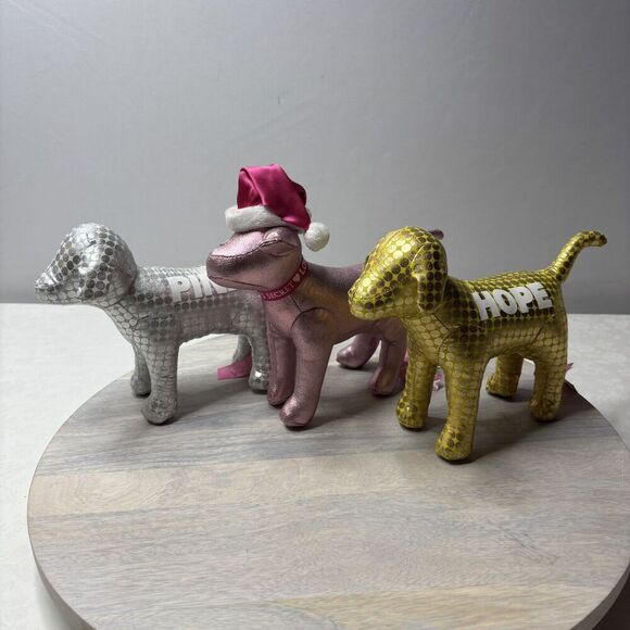 Victoria's Secret PINK Stuffed Dogs Metallic Silver “Pink" & Gold "HOPE" Lot